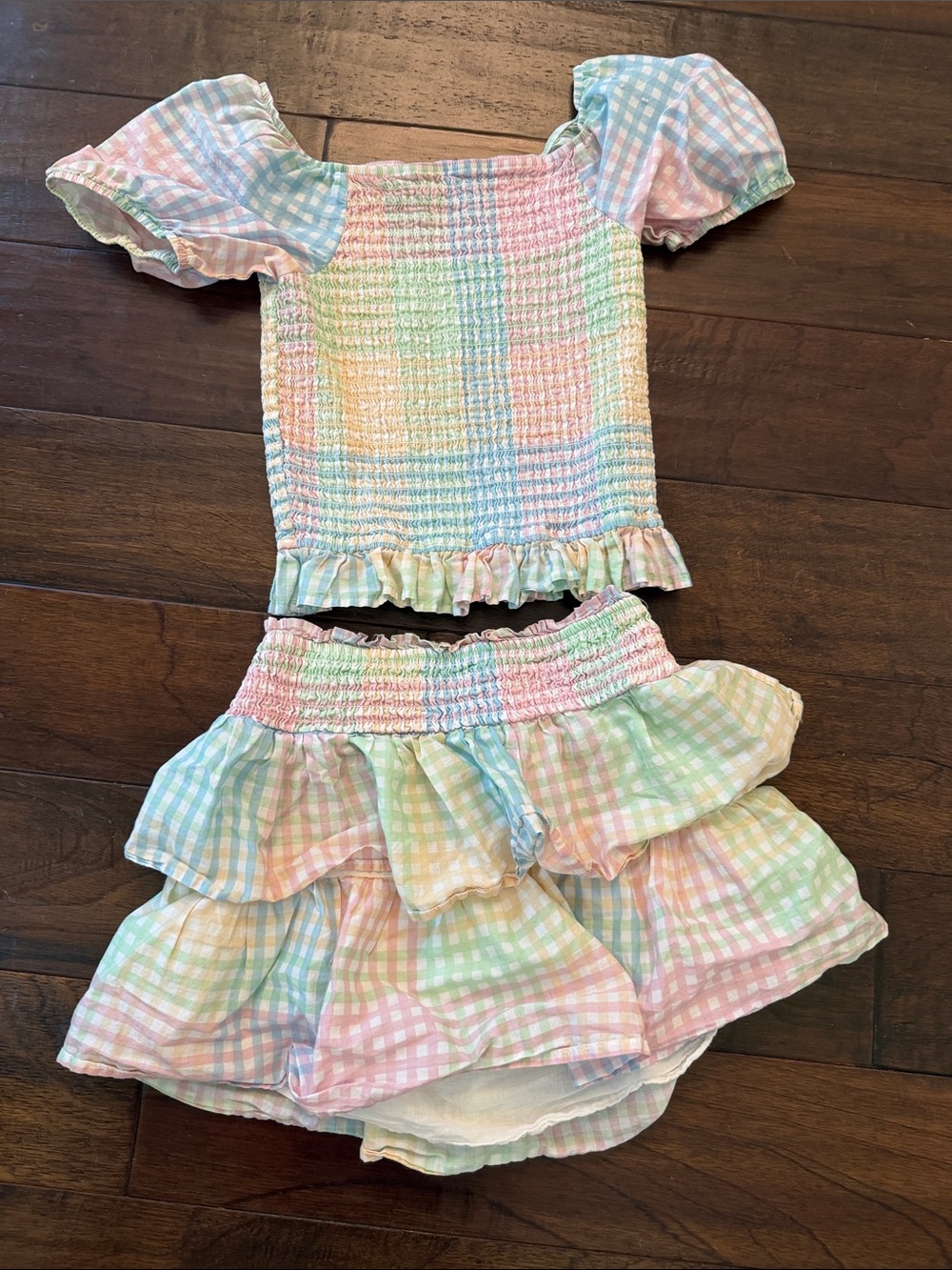 art class Pastel Multi-Color Gingham Smocked Top & Ruffle Skirt Set